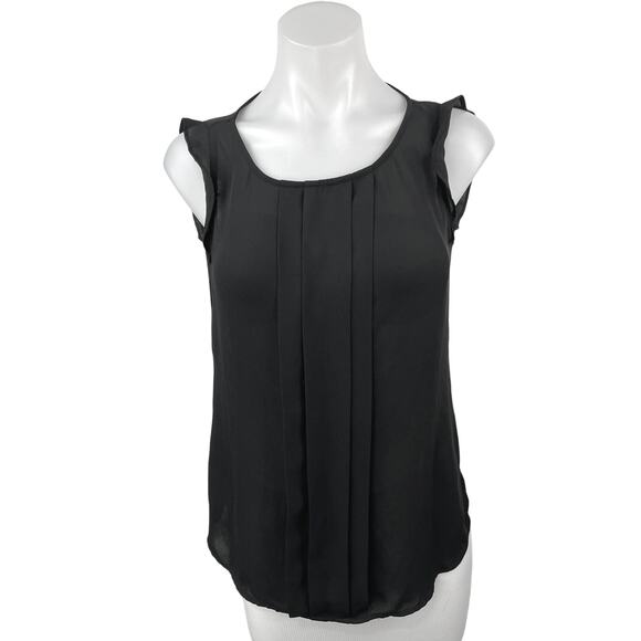 LOFT Womens Black Sleeveless Ruffle Crewneck Pleats Keyhole Casual Blouse Top XS - Picture 1 of 4